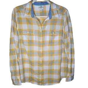 St John's Bay women's gold,green,cream plaid long-sleeved shirt size LSt John's
